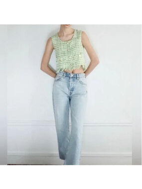 ZARA Green /White Cotton Tweed Vest Crop Top with Gold Tone Buttons Sz M NWT
